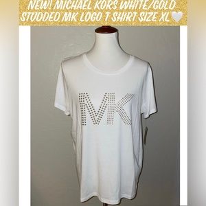 New! Michael Kors White/Gold Studded MK Logo T Shirt Size XL🤍✨